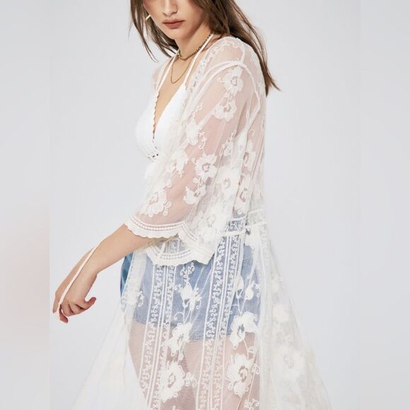 Cider Other - Floral Lace Hollow Out Front Tie Fairy Kimono Ivory OS